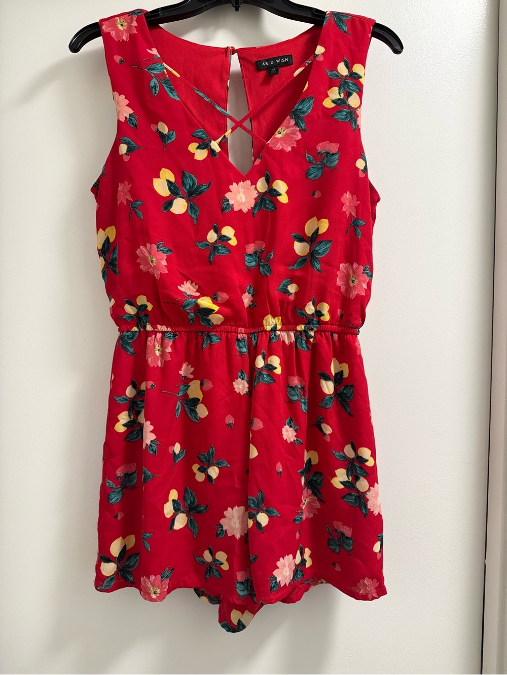 As U Wish Red Floral Sleeveless Romper with Crisscross Back